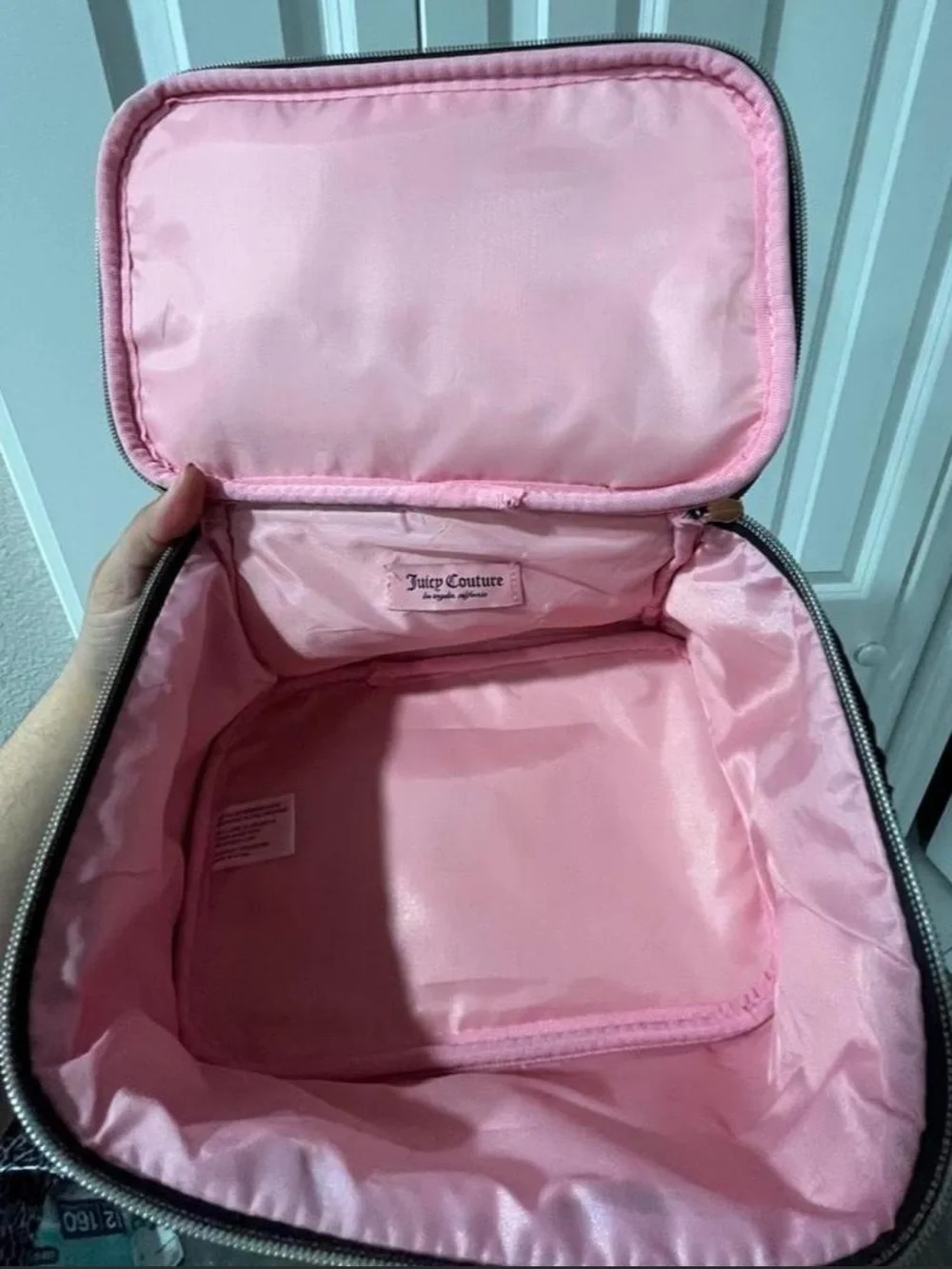 Juicy Couture Black Plush Cosmetic Train Case with Gold Trim